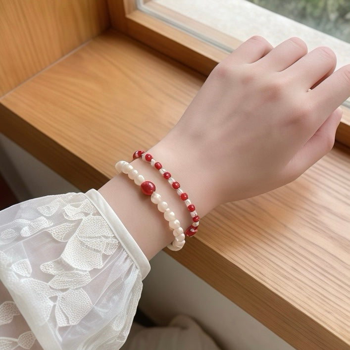 Love & Confidence Manifestation Bracelet Set – Natural Pearl & Red Crystal Duo