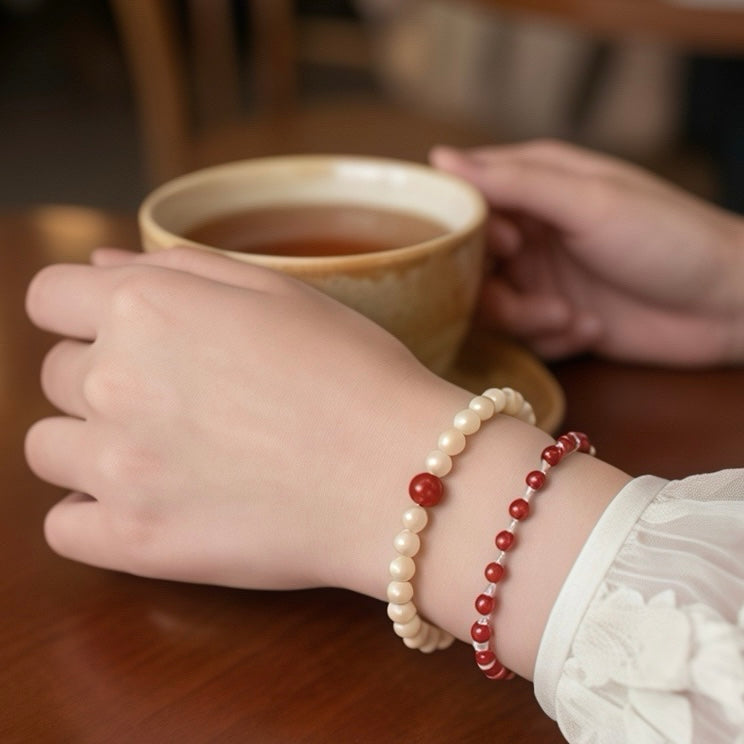 Love & Confidence Manifestation Bracelet Set – Natural Pearl & Red Crystal Duo