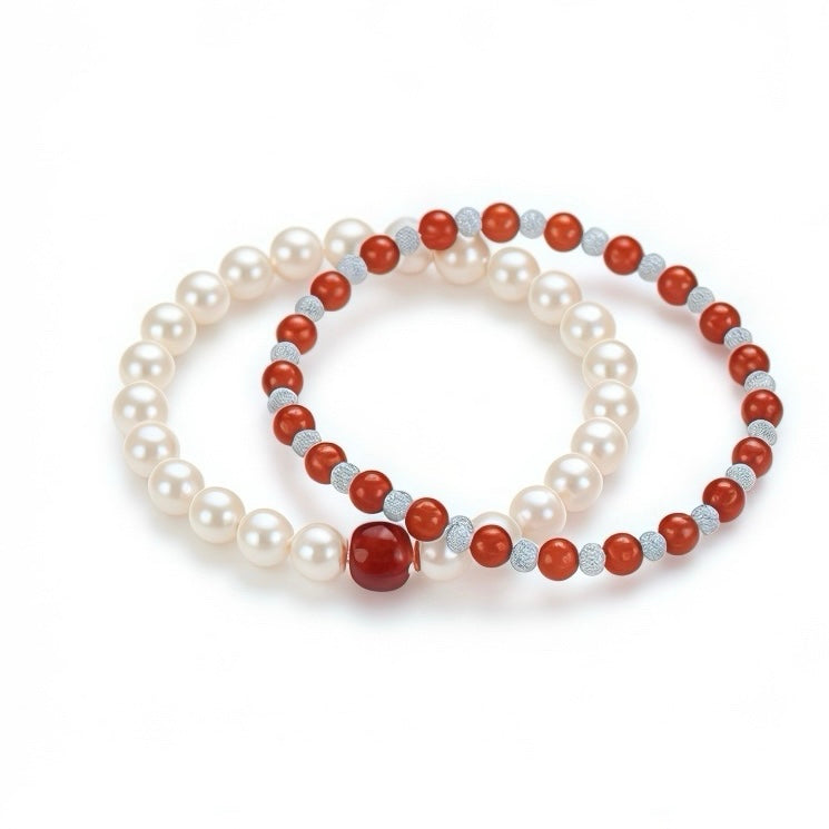 Love & Confidence Manifestation Bracelet Set – Natural Pearl & Red Crystal Duo