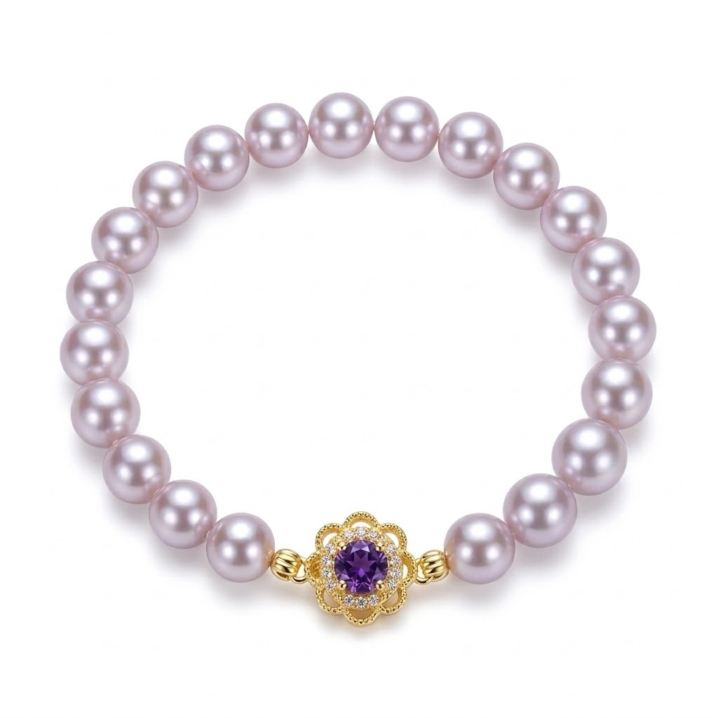 Feminine Energy Pearl Bracelet with Purple Crystal Charm – Love & Intuition Manifestation